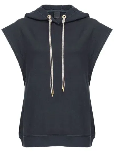 Pinko Sleeveless Sweatshirt With Rhinestoned Drawstring In Limo Black