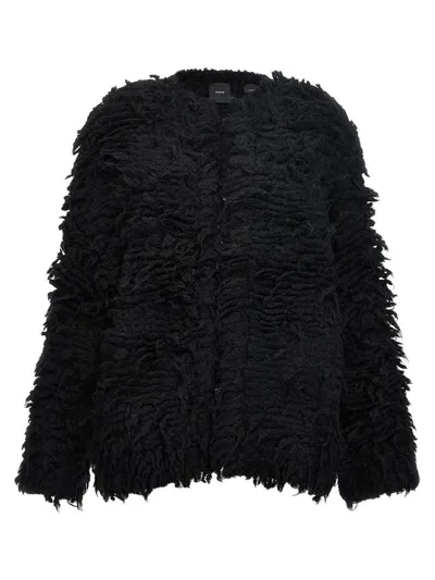 Pinko Faux Fur Coat With Textured Finish And Round Neck In Black