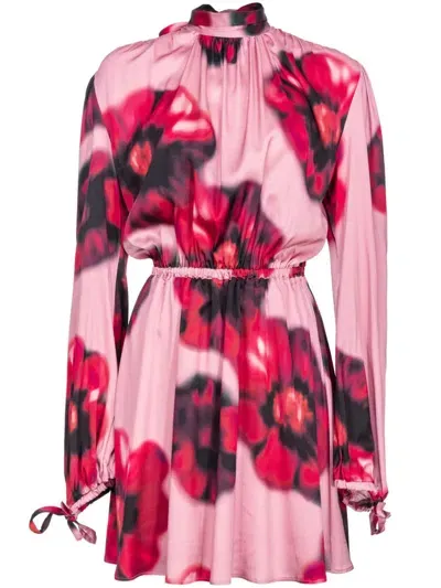 Pinko Floral-print Open-back Minidress In Rosa/rosso