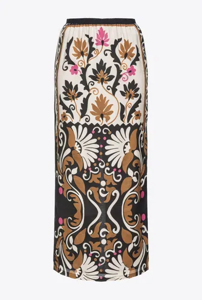 Pinko Long Floral-print Skirt With Slit In Multi Brown/beige