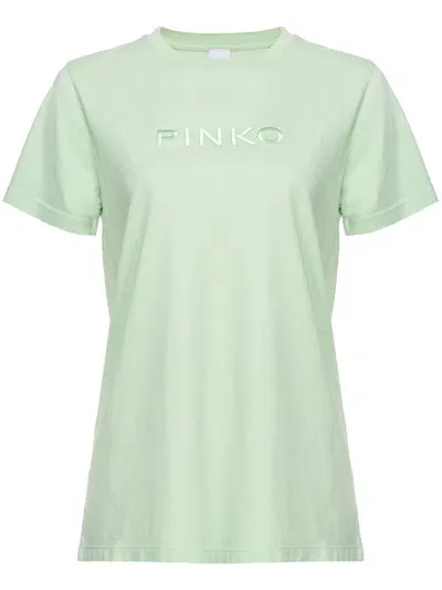 Pinko Logo-embroidered Cotton T-shirt In Mist