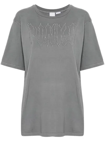 Pinko Logo-embroidered T-shirt In Grey