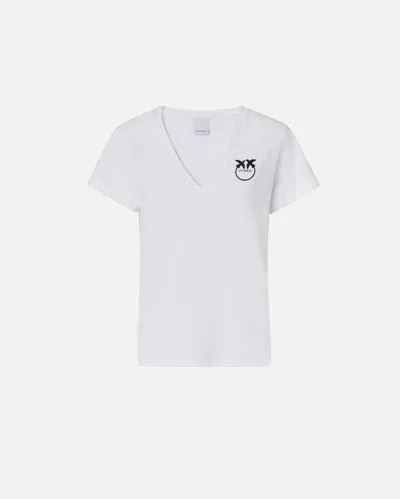 Pinko Logo Print V-neck T-shirt In Blanc Brill.