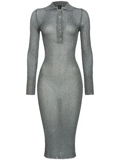 Pinko Long-sleeve Ribbed-knit Polo Dress In Grey/silver