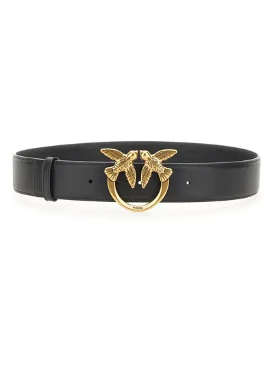 Pinko Love Birds Leather Belt In Noir-vieil Or