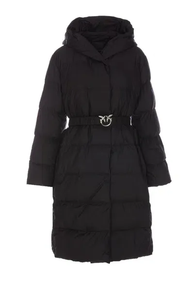 Pinko Love Birds Buckle Quilted Hooded Coat In Negro