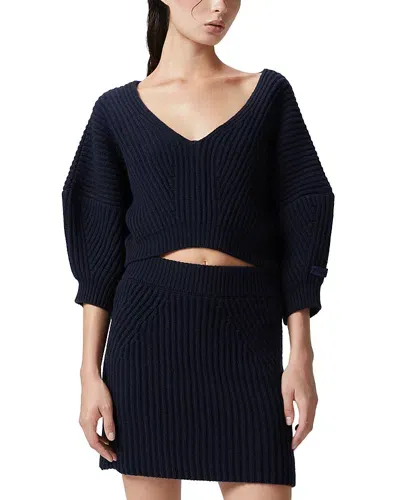 Pinko Manx Wool Cashmere Ribbed Sweater In Dark Navy Blue