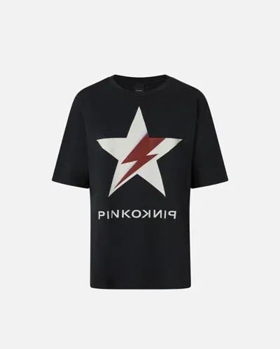 Pinko Old-effect Cotton T-shirt With Star Print In Black/white/pink