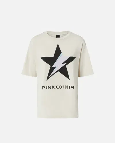 Pinko Old-effect Cotton T-shirt With Star Print In White/black/pink