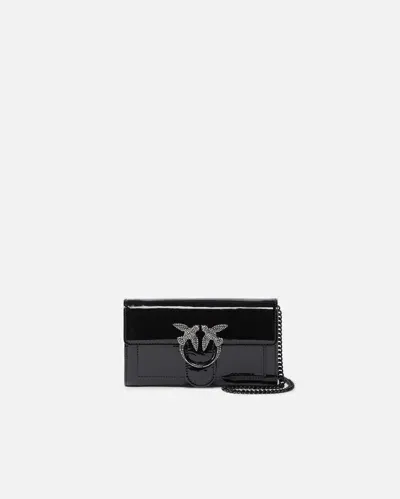 Pinko Patent Bird Buckle Wallet With Shoulder Strap In Limo Black Block Colour