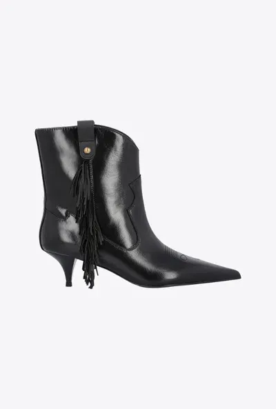 Pinko Pointed-toe Nappa Leather Ankle Boots With Fringe In Limo Black