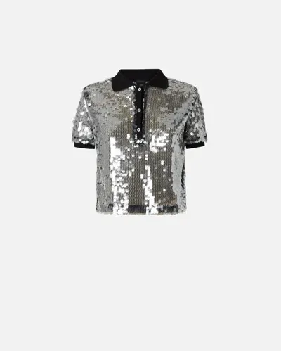 Pinko Polo Sweater With Semi-transparent Sequins In Black/transparent