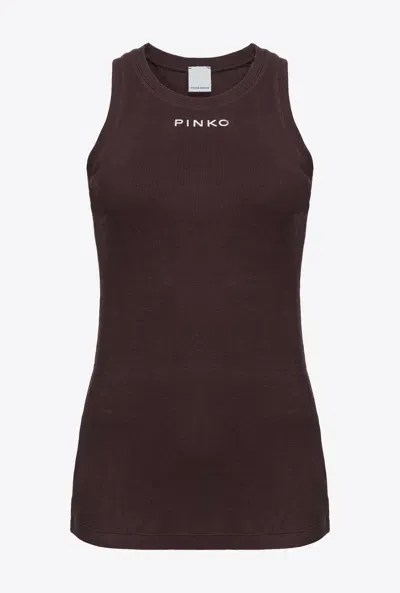 Pinko Logo-print Ribbed Tank Top In Brown