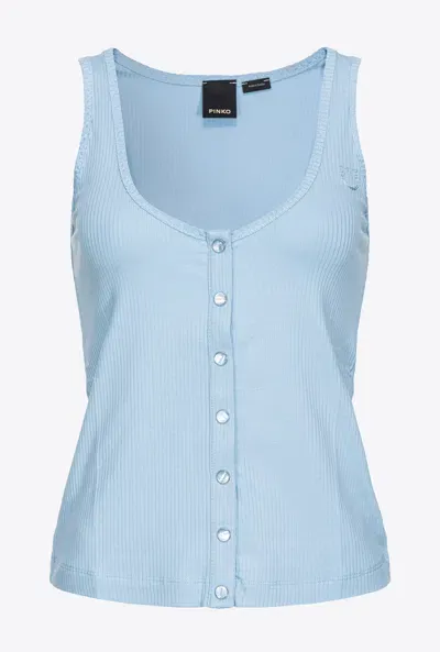 Pinko Ribbed Vest Top With Mother-of-pearl Buttons In Blu Placido