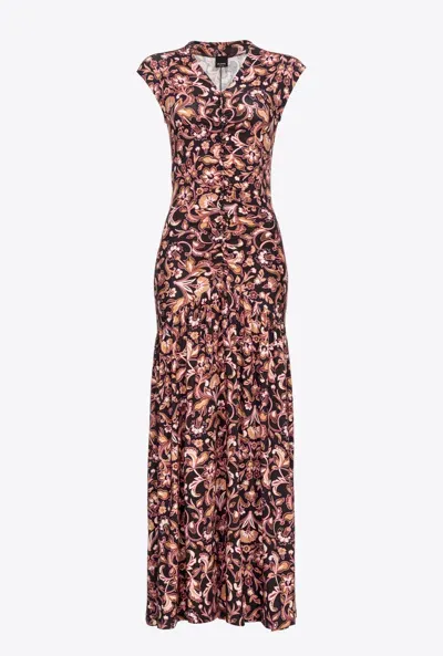 Pinko Long Floral Dress With Flounce At The Bottom In Multi Brown/beige