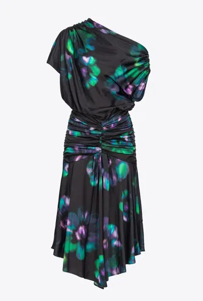 Pinko Fade-effect Midi Dress With Floral Print And Draping In Nero/verde