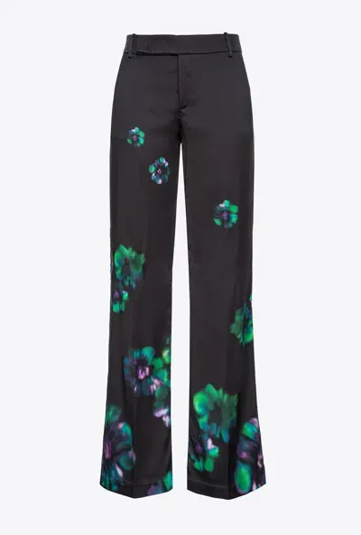 Pinko Satin Trousers With Floral Print In Black/green