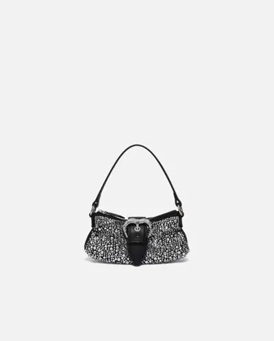 Pinko Soft Jolene Handbag In Leather With Rhinestones In Noir Limousine-nickel Brillant