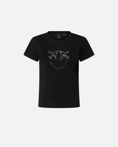 Pinko T-shirt With Crystal-embroidered Love Birds Logo In Limo Black