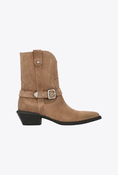 Pinko Texan-style Suede Ankle Boots With Heel In Brown