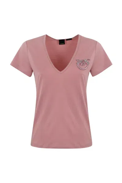 Pinko Turbato T-shirt With Jewel Embroidery In Cotton In Pink