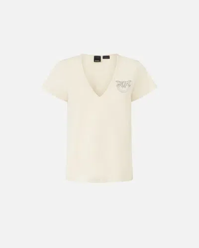 Pinko V-neck T-shirt With Jewel Embroidery In Blanc Lait