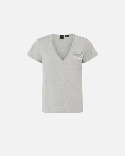 Pinko V-neck T-shirt With Jewel Embroidery In Drizzle Grey