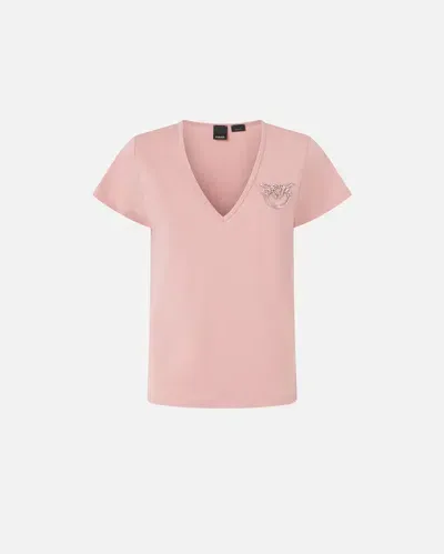 Pinko V-neck T-shirt With Jewel Embroidery In Rose Zefiro