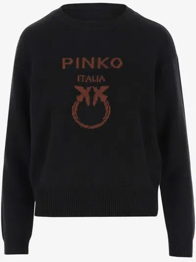 Pinko Wool Sweater With Logo In Nero/bruciato