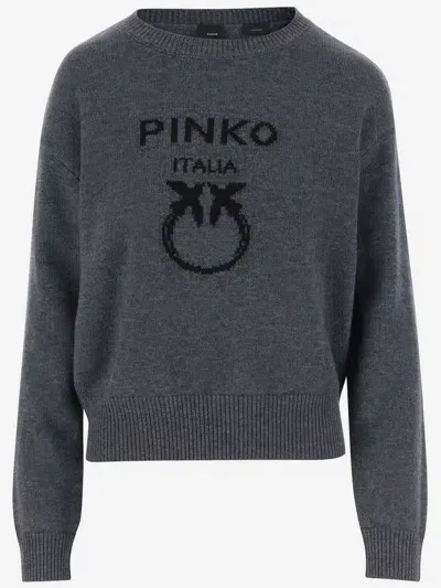 Pinko Wool Sweater With Logo In Grigio E Nero