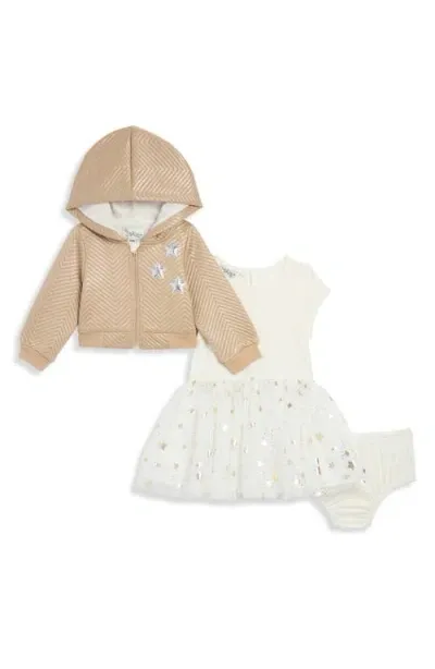 Pippa & Julie Babies'  Jessica Quilted Hoodie, T-shirt Dress & Bloomers Set In Ivory/gold