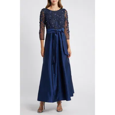 Pisarro Nights 3d Floral Bodice Beaded Gown In Navy