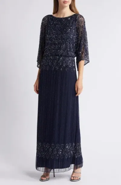 Pisarro Nights Beaded Blouson Split Sleeve Gown In Navy