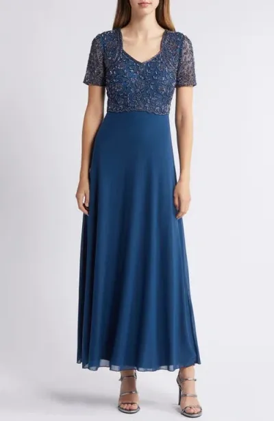 Pisarro Nights Beaded Bodice A-line Gown In New Petrol Blue