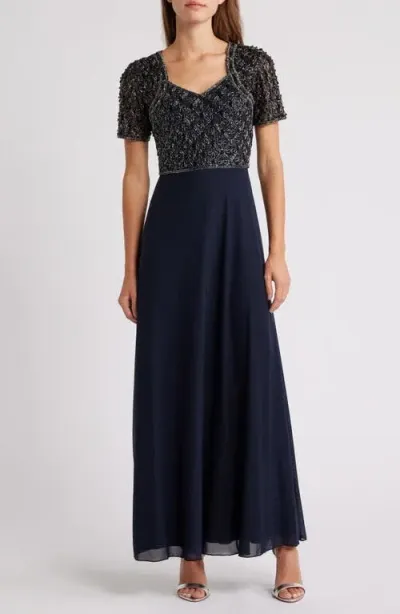 Pisarro Nights Beaded Bodice Chiffon Gown In Navy