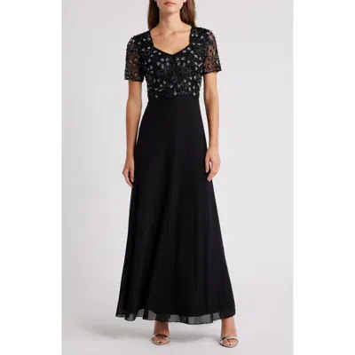 Pisarro Nights Beaded Bodice Short Sleeve Gown In Black