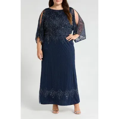 Pisarro Nights Beaded Cold Shoulder Blouson Gown In Navy 410