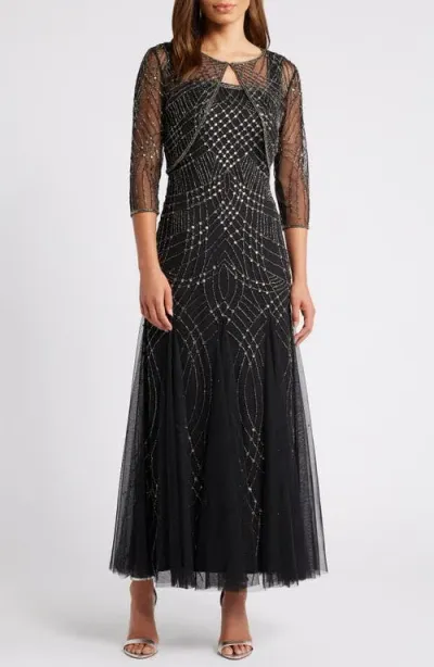 Pisarro Nights Beaded Gown With Long Sleeve Jacket In Black/merc