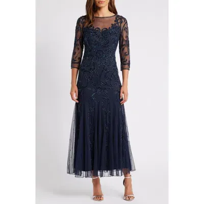 Pisarro Nights Beaded Illusion Neck Gown In Navy