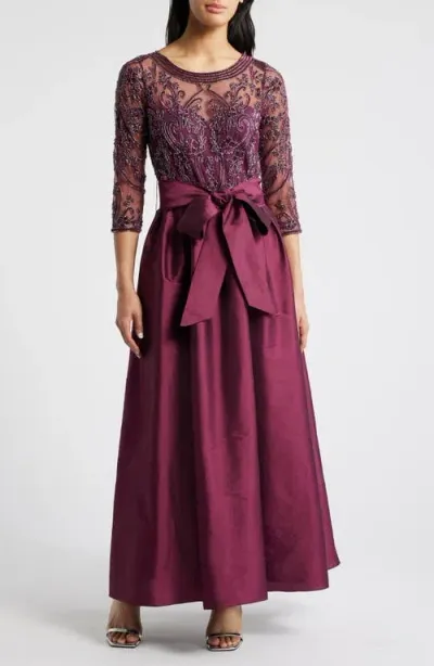 Pisarro Nights Beaded Illusion Neck Taffeta Cocktail Dress In Wine