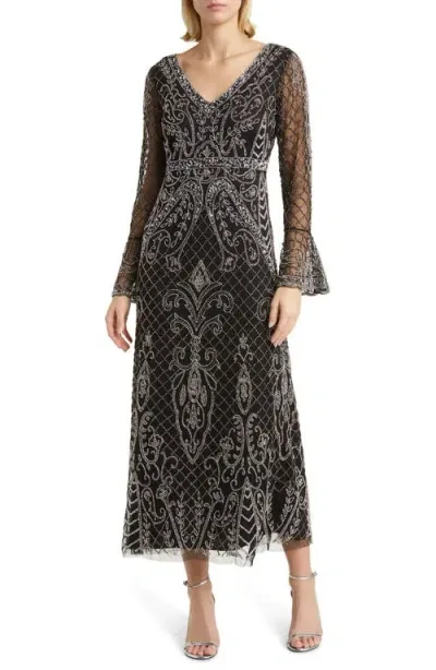 Pisarro Nights Beaded Long Sleeve Gown In Black/silver