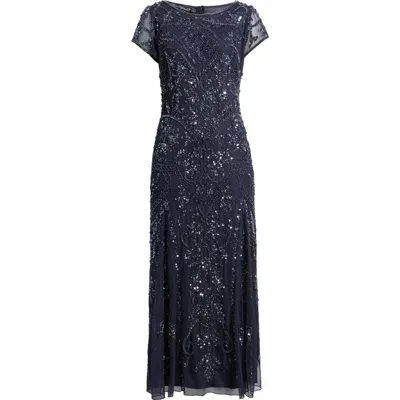 Pisarro Nights Beaded Mesh Midi Cocktail Dress In Deep Slate