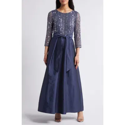 Pisarro Nights Bow Long Sleeve Sequin & Taffeta Gown In Denim