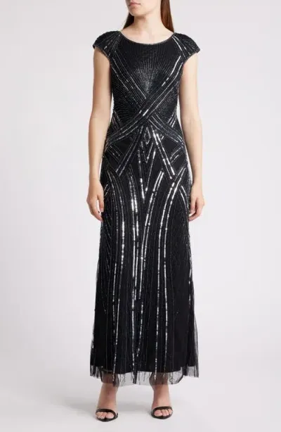 Pisarro Nights Embellished Cap Sleeve Gown In Black