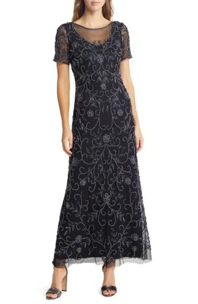 Pisarro Nights Floral Beaded Short Sleeve A-line Gown In Black/gunmetal