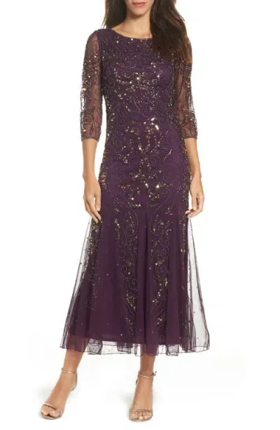 Pisarro Nights Illusion Sleeve Beaded A-line Gown In Plum