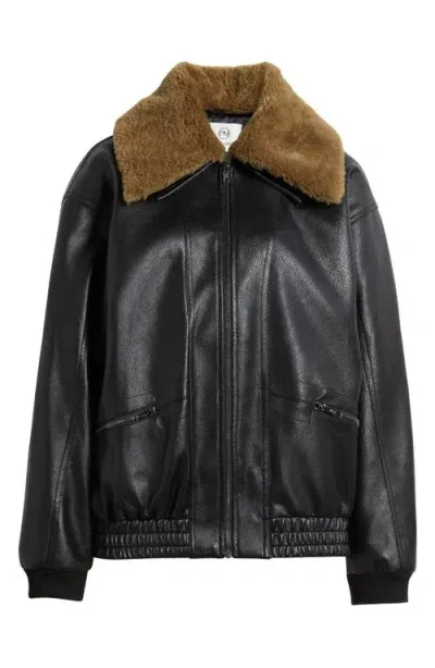 Pixie Market Oversize Faux Leather Bomber With Removable Faux Fur Collar In Black