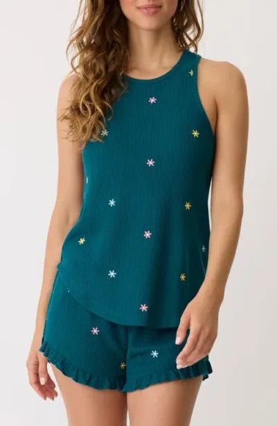 Pj Salvage Take It Easy Floral Embroidered Thermal Knit Tank In Teal