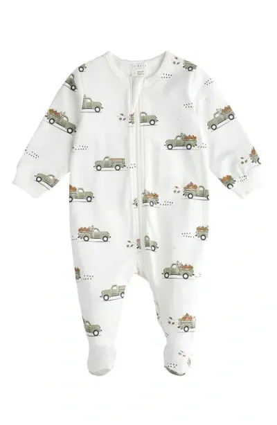 Pl Baby By Petit Lem Pumpkin Pickup Print Fitted One-piece Pajamas In Off White