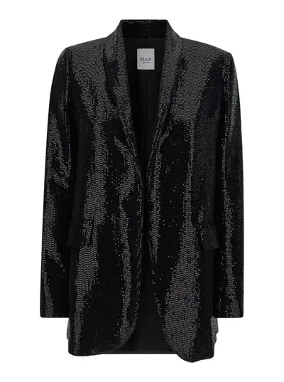 Plain Black Single-breasted Jacket With Shawl Collar And All-over Sequins Woman